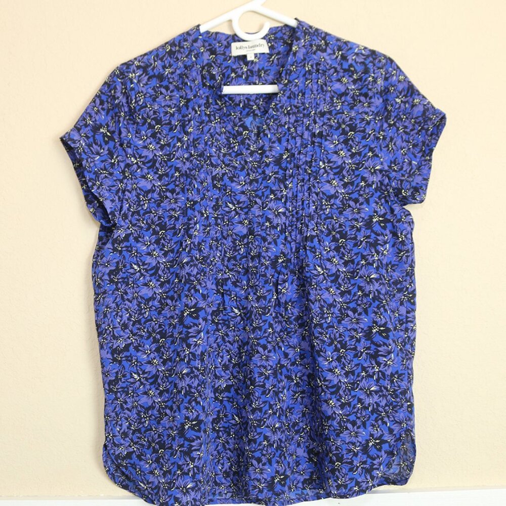 Lollys Laundry Blue Floral Print Blouse Top Popover Short Sleeve Size Small S